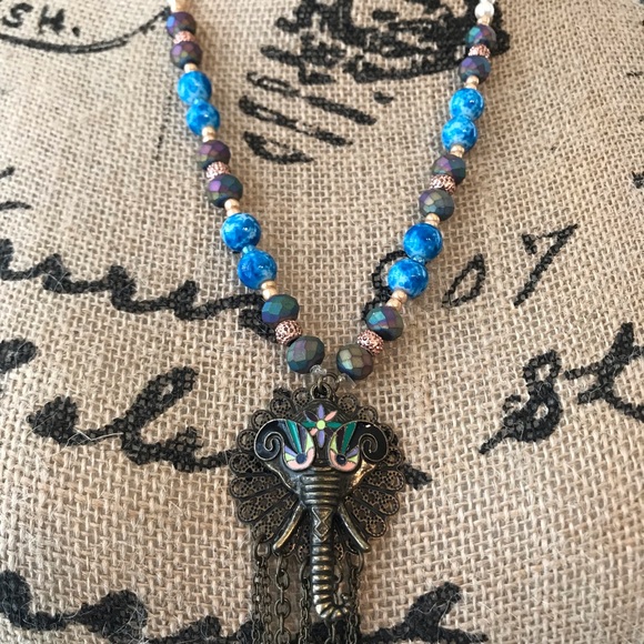 Handmade Glass bead necklace w/elephant 24” - Picture 5 of 5